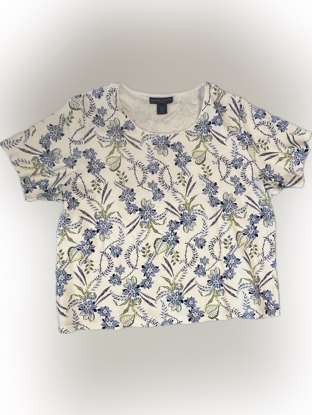 🍄Women Karen Scott White Short Sleeve Tee Blue Floral Print Shirt Top Blouse 1X